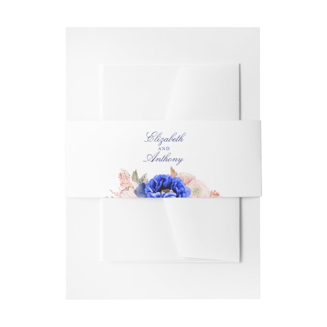 Navy and Pink Watercolor Flowers Wedding Invitation Belly Band (Front Example)
