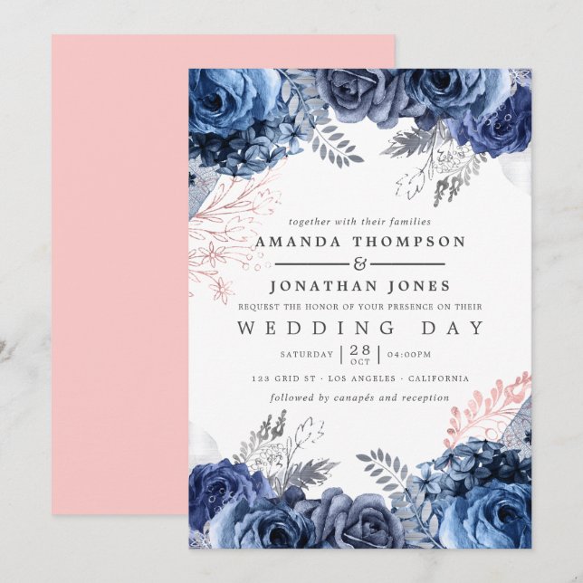 Navy and Pink with Silver Foil Floral Wedding Invitation (Front/Back)