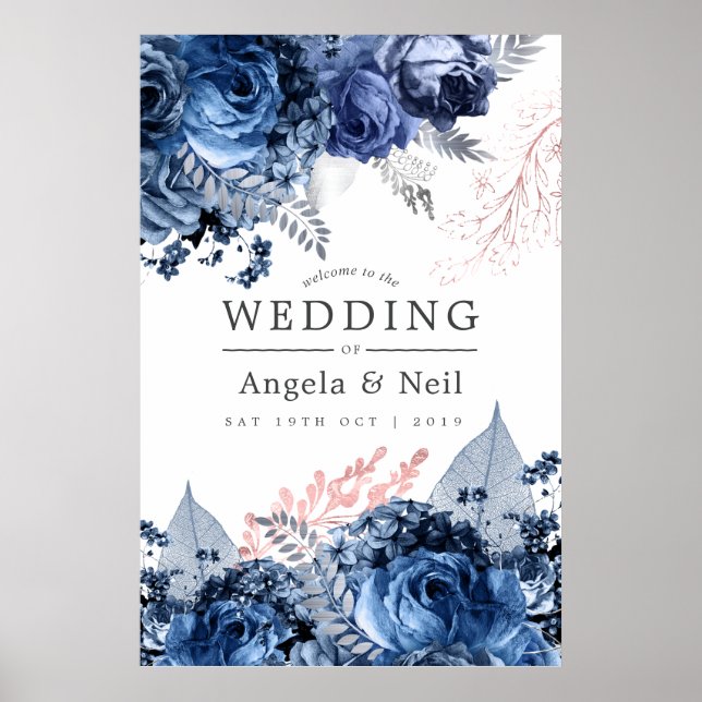 Navy and Pink with Silver Foil Wedding Welcome Poster (Front)