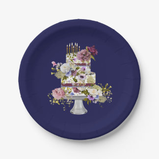 Navy and Purple Floral Cake Paper Party Plate