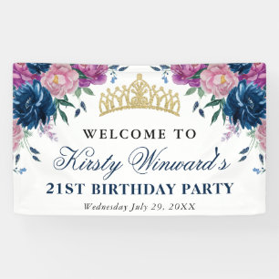 Navy and Purple Summer Flowers Birthday Banner