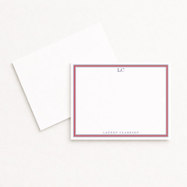 Navy and Red Border Monogram Stationery Note Card (Creator Uploaded)