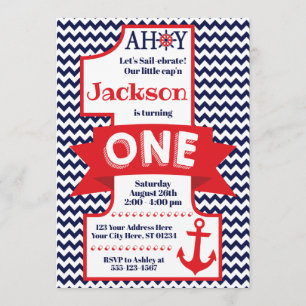 Navy and Red Boy Nautical 1st Birthday Invitation