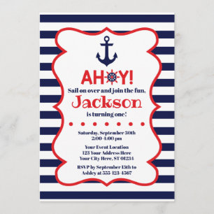 Navy and Red Boy Nautical Birthday Invitation