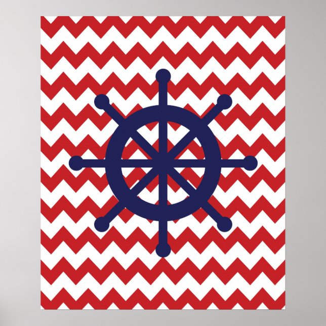 Navy and Red Chevron Nautical Ship Wheel Poster (Front)