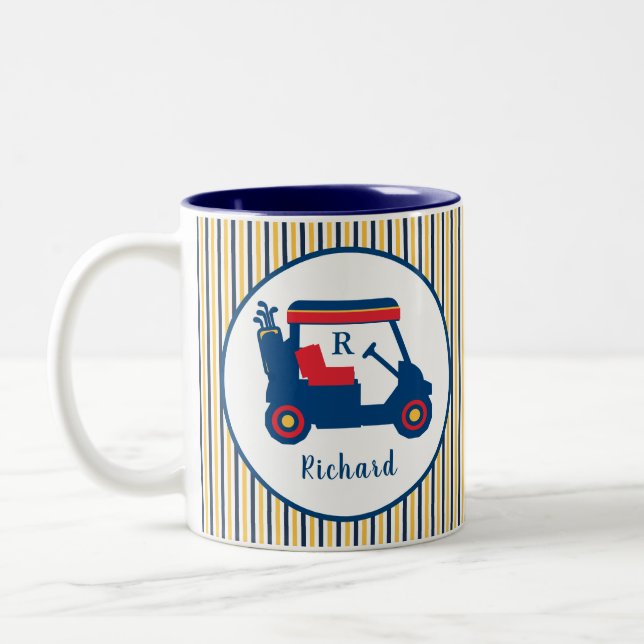 Navy and Red Golf Monogram Name  Two-Tone Coffee Mug (Left)
