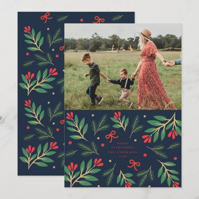 Navy and Red Holiday Boughs Holiday Photo Card (Front/Back)