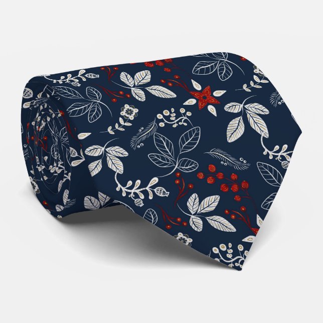 Navy and Red Leaves and Berries Tie (Rolled)
