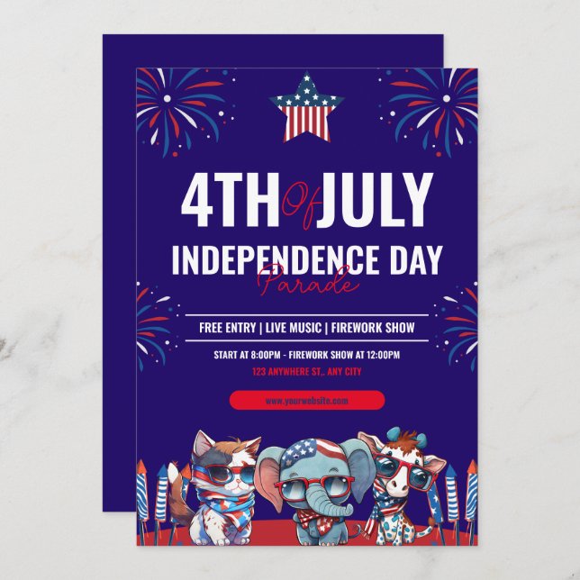 Navy And Red Modern  4th Of July Independence Day  Invitation (Front/Back)