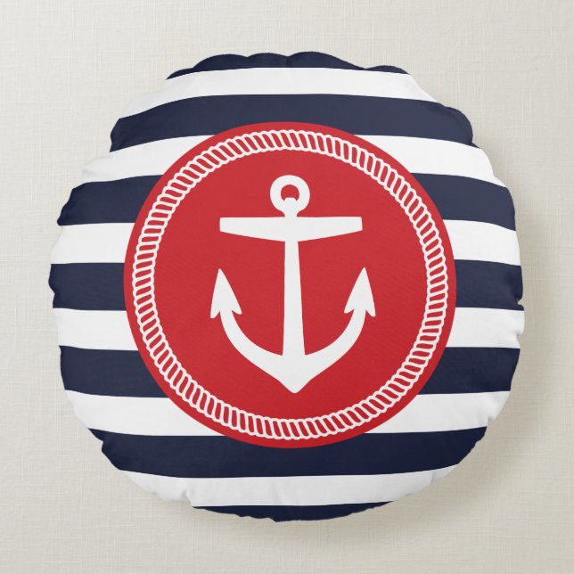 Navy and Red Nautical Stripes and Anchor Round Cushion (Front)