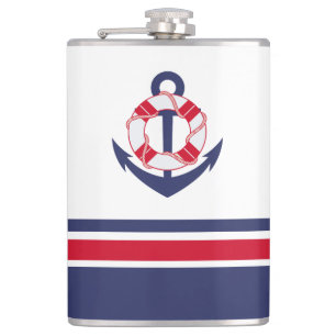 Navy and Red Nautical Stripes Hip Flask