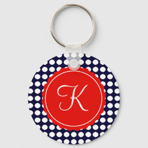 Navy and Red Polka Dots Custom Initial Key Ring