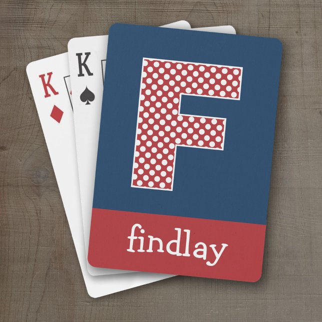 Navy and Red Polka Dots with Monogram Letter F Playing Cards (Personalized Playing Cards - Large Monogram)