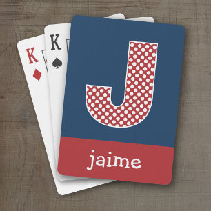 Navy and Red Polka Dots with Monogram Letter J Playing Cards