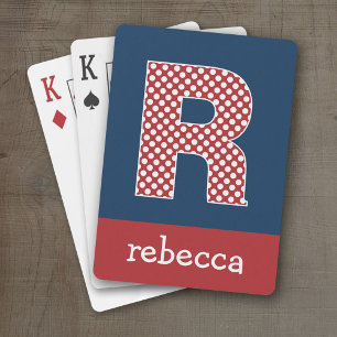 Navy and Red Polka Dots with Monogram Letter R Playing Cards