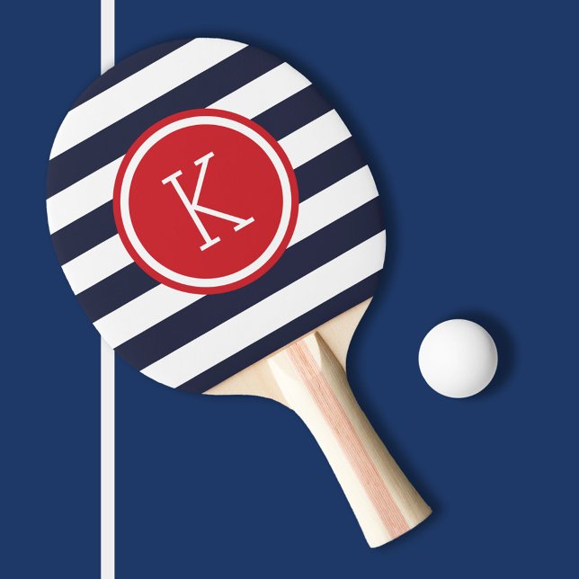 Navy and Red Preppy Stripes Monogram Ping Pong Paddle (Creator Uploaded)