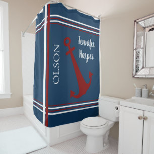 Navy and Red Stripes Anchor Custom Shower Curtain