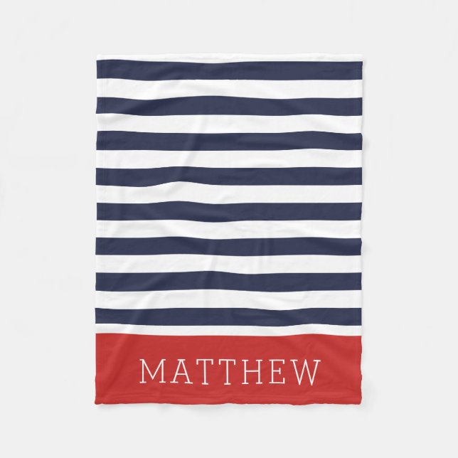 Navy and Red Stripes Monogram | Editable Colours Fleece Blanket (Front)