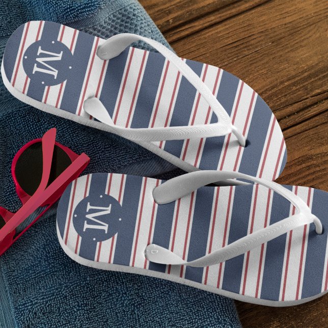 Navy and Red Summer Stripe Monogram Flip Flops (Creator Uploaded)