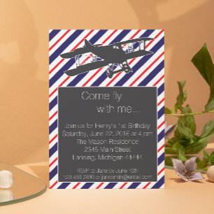 Navy and Red Vintage Aeroplane Birthday Invite