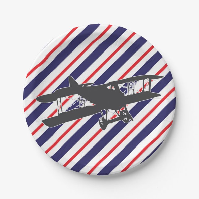 Navy and Red Vintage Aeroplane Paper Plates (Front)