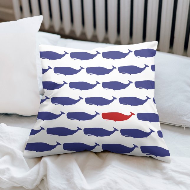 Navy and Red Whale Pattern Nautical Cushion (The perfect decorative pillow for a nautical themed bedroom or beach house.)