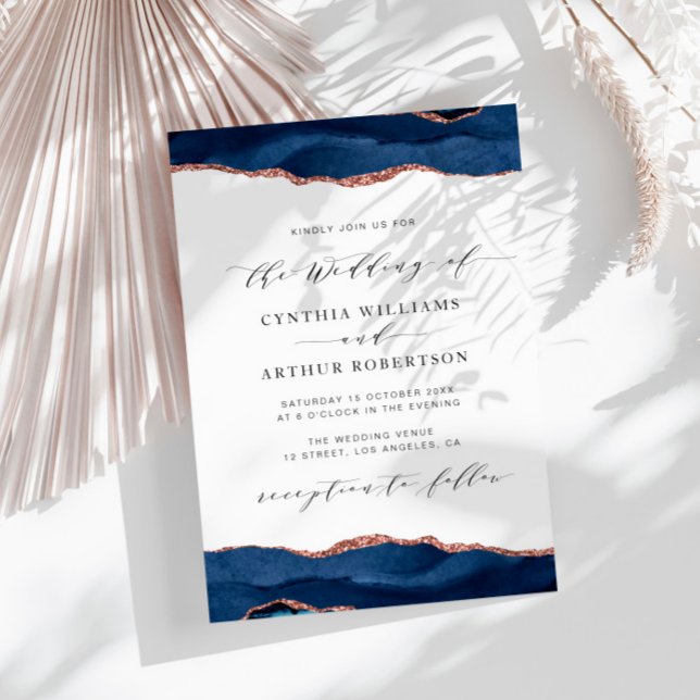 navy and rose gold agate wedding invitation (Creator Uploaded)