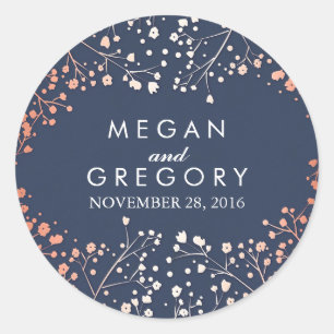 Navy and Rose Gold Baby's Breath Wedding Classic Round Sticker
