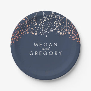 Navy and Rose Gold Baby's Breath Wedding Paper Plate