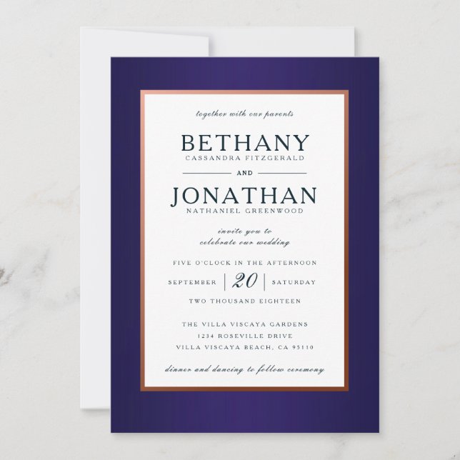Navy and Rose Gold Glitter Wedding Invitation (Front)