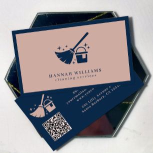 Navy And Rose Pink Cleaning Services QR code Business Card