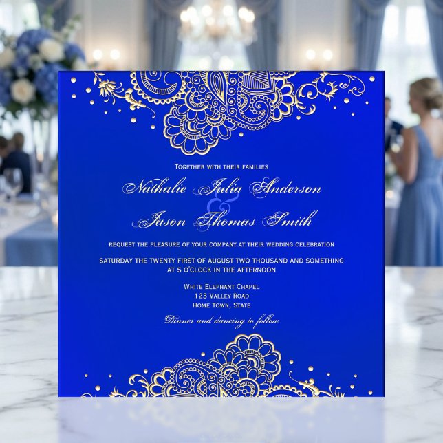Navy and Royal Blue Henna Lace Wedding Invitation (Elegant navy and royal blue wedding invitation featuring a gold styled henna inspired design)