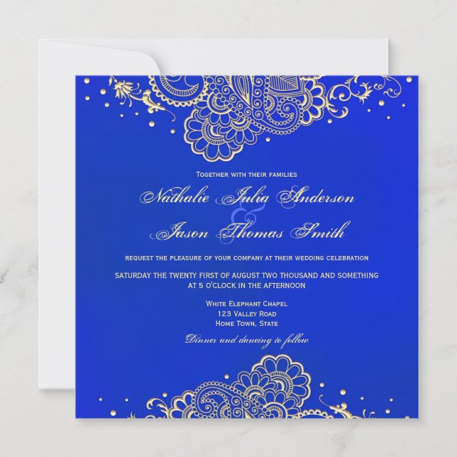 Navy and Royal Blue Henna Lace Wedding Invitation (Front)