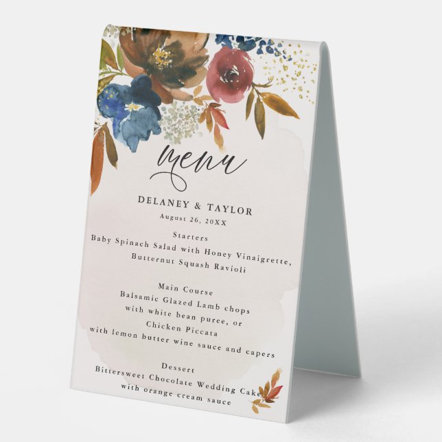 Navy and Rust Boho Floral Wedding Menu & Thank You (Front)