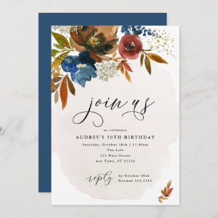Navy and Rust Boho Flowers Birthday Invitation