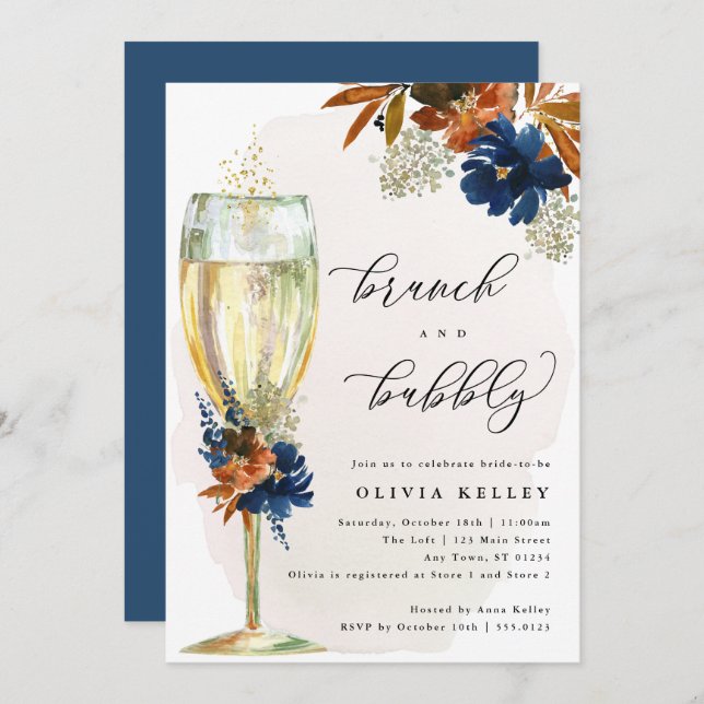 Navy and Rust Boho Flowers Brunch and Bubbly Invitation (Front/Back)