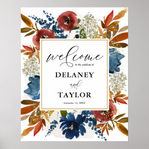 Navy and Rust Boho Watercolor Flowers Welcome Poster