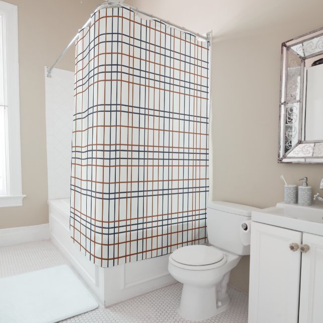 Navy and Rust Grid on light grey (almost white) Shower Curtain (In Situ)