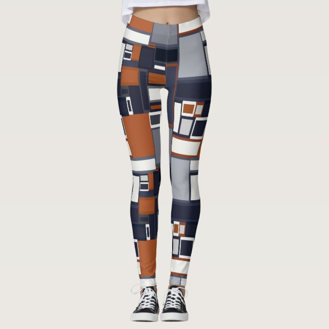 Navy and Rust Mid Century Modern Pattern B Leggings (Front)