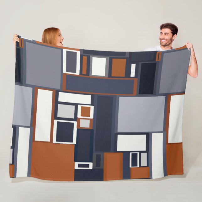 Navy and Rust Mid Century Modern Pattern Fleece Blanket (In Situ)