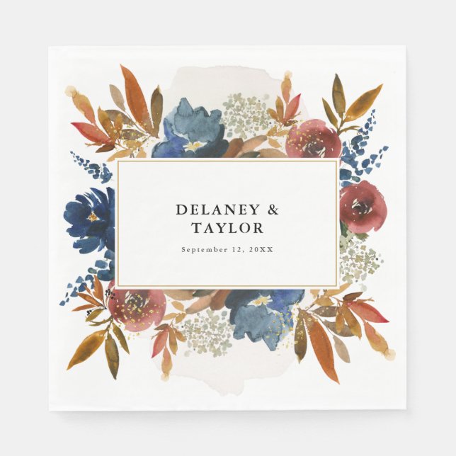 Navy and Rust Watercolor Boho Floral Personalised Napkin (Front)