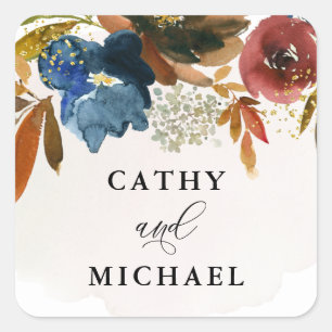 Navy and Rust Watercolor Boho Floral Square Sticker