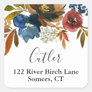 Navy and Rust Watercolor Floral Return Address Square Sticker
