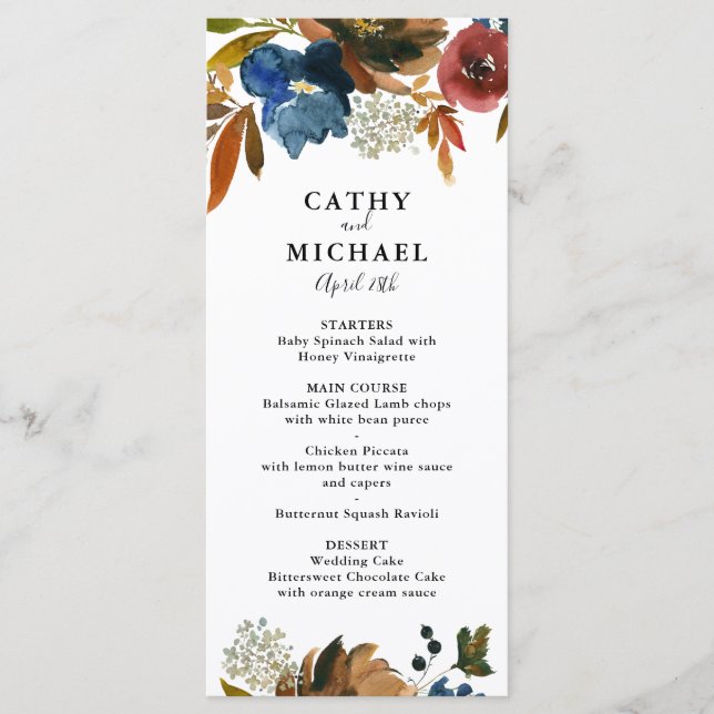 Navy and Rust Watercolor Floral Wedding Menu Card (Front)