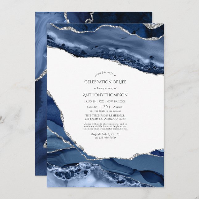 Navy and Silver Agate Celebration of Life Photo Invitation (Front/Back)