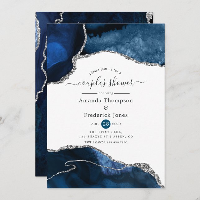 Navy and Silver Agate Couples Shower Invitation (Front/Back)