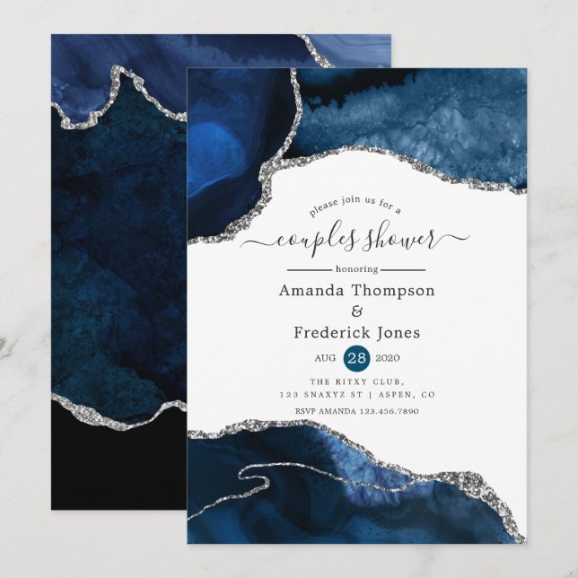 Navy and Silver Agate Couples Shower Invitation (Front/Back)