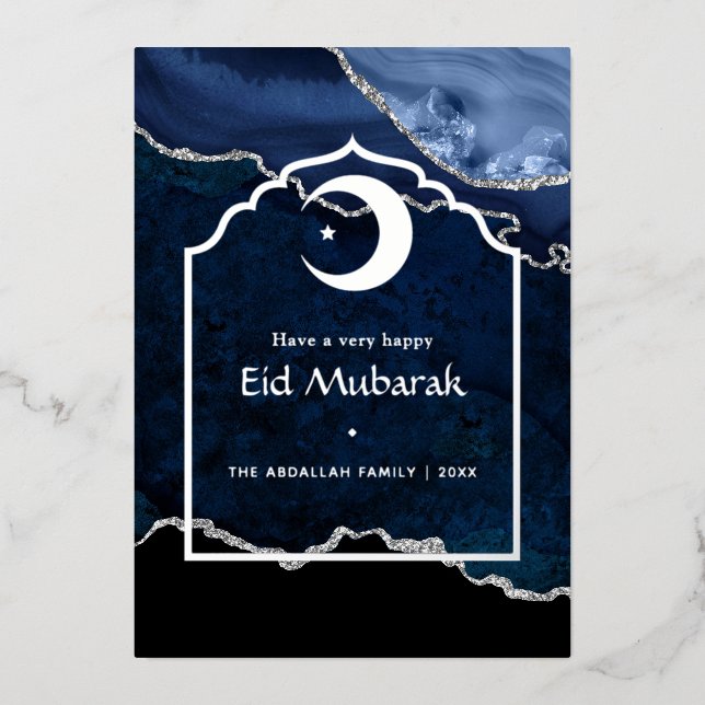 Navy and Silver Agate Eid Mubarak Foil Holiday Card (Front)