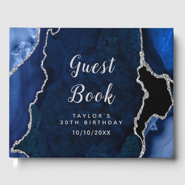 Navy and Silver Agate Marble Birthday Guest Book (Front)