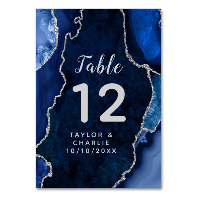 Navy and Silver Agate Marble Wedding Table Number (Front)